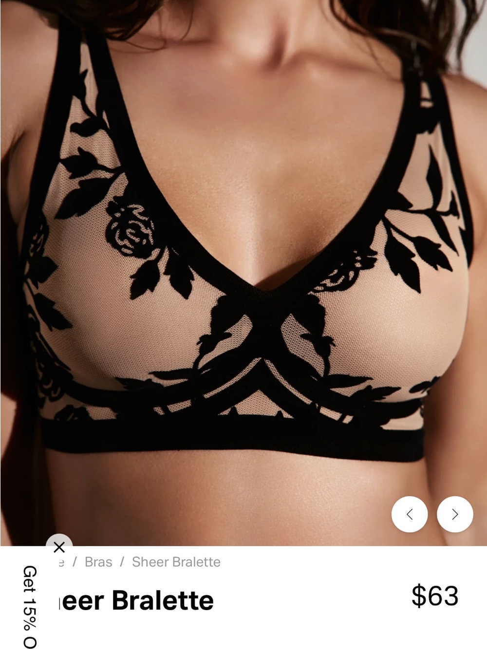 Black Floral Applique Sheer Bralette on Nude